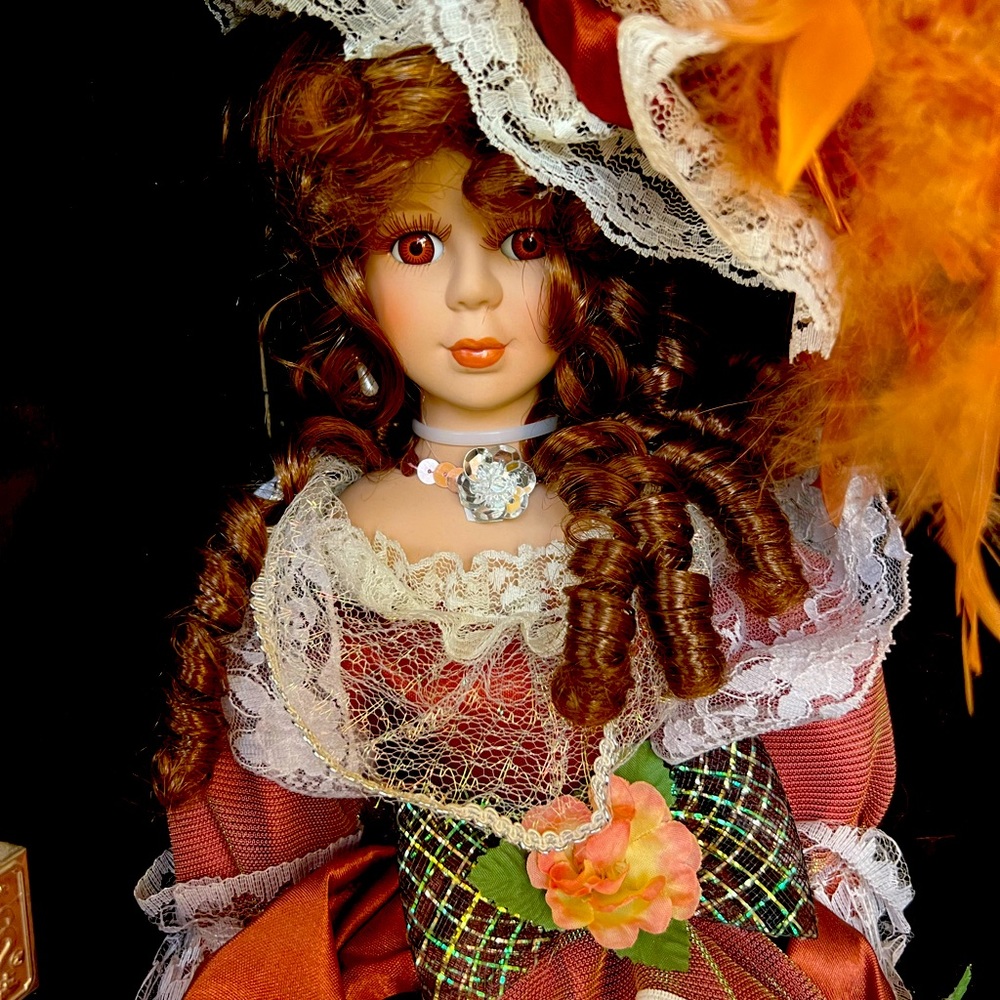 A.J. Design Vintage porcelain doll never taken out of the wood/glass custom box.